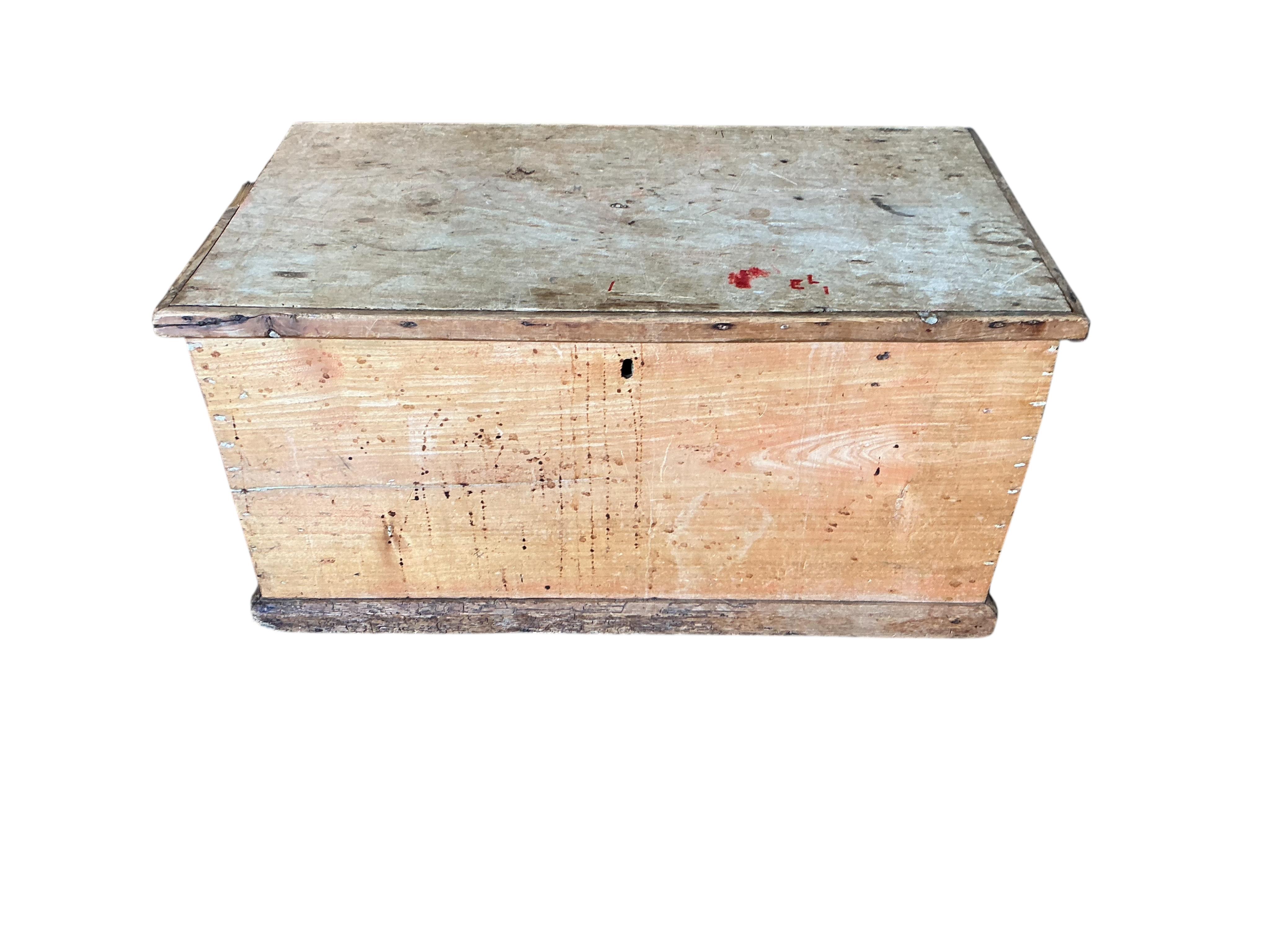 A Victorian rectgangular pine trunk, width 94cm, depth 50cm, height 47cm together with a later smaller Chinese rattan trunk